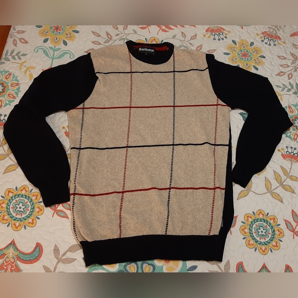 Barbour Men's Lambswool Pelham Navy Crew Neck Sweater Windowpane Design SM, EUC!